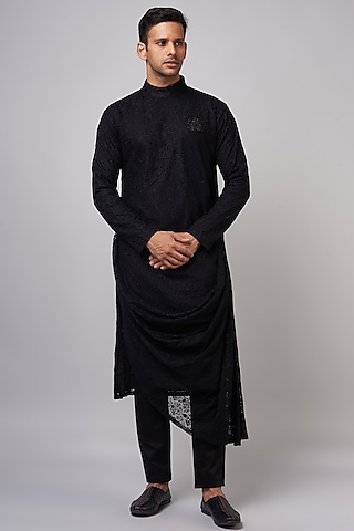 Black Imported Net Embroidered Draped Kurta by Shantnu & Nikhil Men
