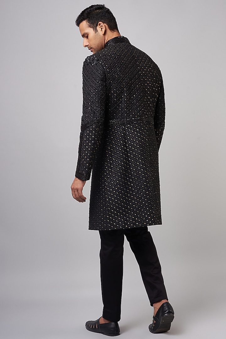 Black Chanderi Embroidered Groom Sherwani by Shantnu & Nikhil Men at Pernia's Pop Up Shop