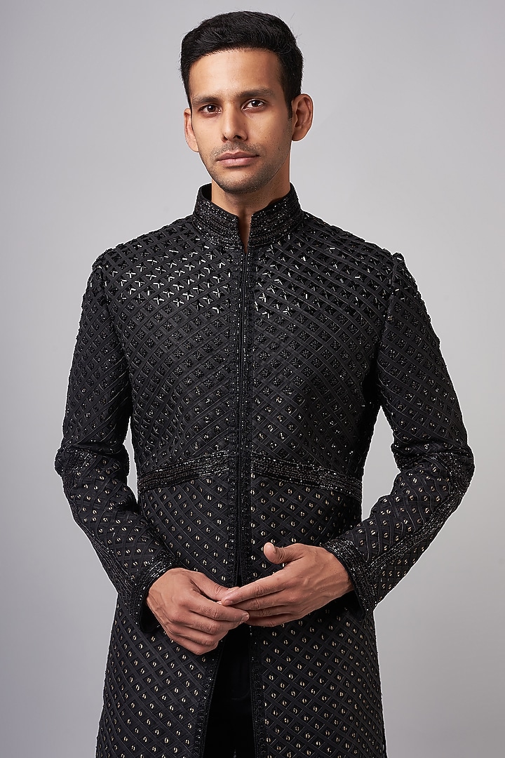Black Chanderi Embroidered Groom Sherwani by Shantnu & Nikhil Men at Pernia's Pop Up Shop