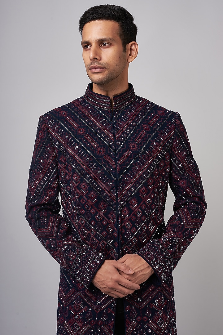 Navy Blue Georgette Embroidered Groom Sherwani by Shantnu & Nikhil Men at Pernia's Pop Up Shop