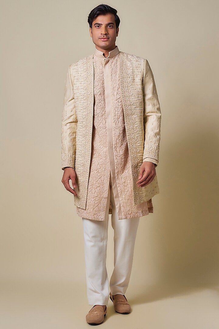 Beige Georgette Zardosi Embroidered Long Bandhgala by Shantnu & Nikhil Men at Pernia's Pop Up Shop