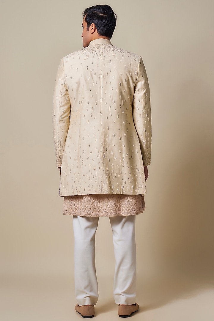 Beige Georgette Zardosi Embroidered Long Groom Bandhgala by Shantnu & Nikhil Men at Pernia's Pop Up Shop