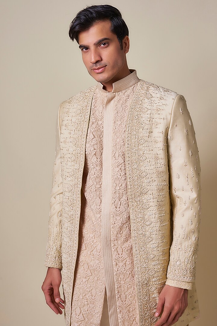 Beige Georgette Zardosi Embroidered Long Groom Bandhgala by Shantnu & Nikhil Men at Pernia's Pop Up Shop