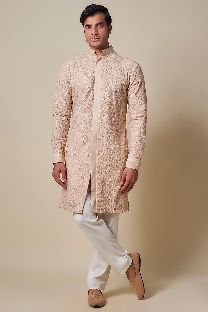 Beige Imported Net Machine Embroidered Kurta by Shantnu & Nikhil Men