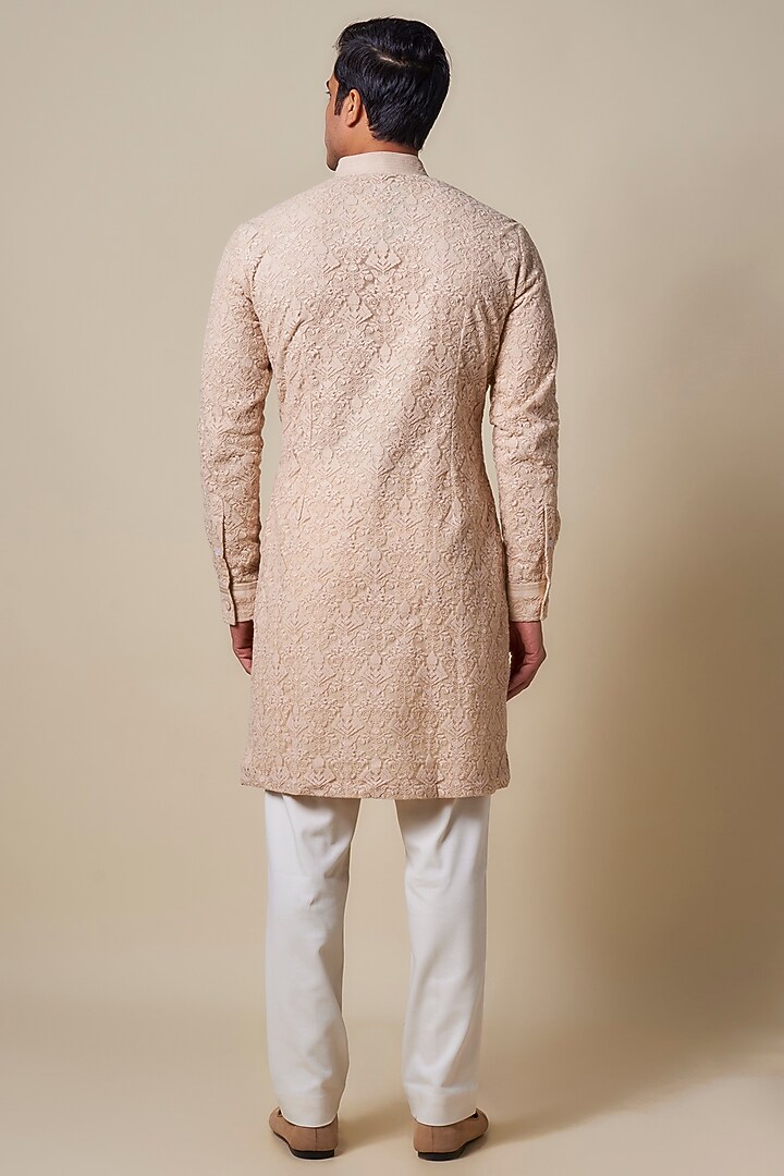Beige Imported Net Machine Embroidered Kurta by Shantnu & Nikhil Men at Pernia's Pop Up Shop