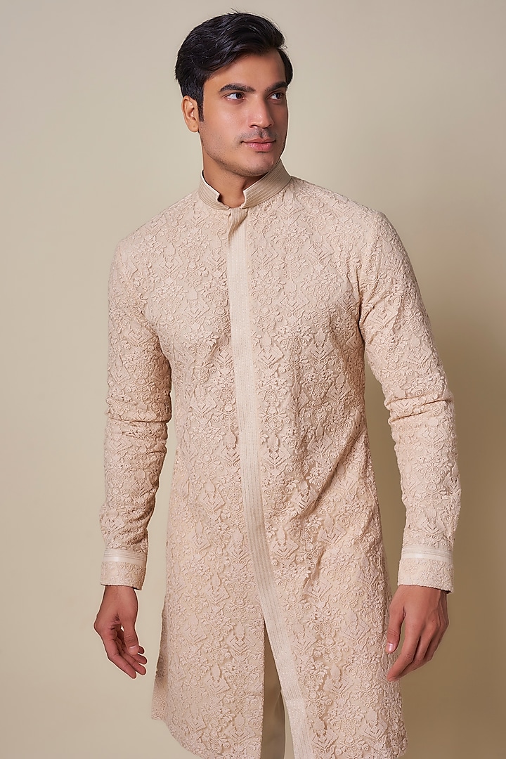 Beige Imported Net Machine Embroidered Kurta by Shantnu & Nikhil Men at Pernia's Pop Up Shop
