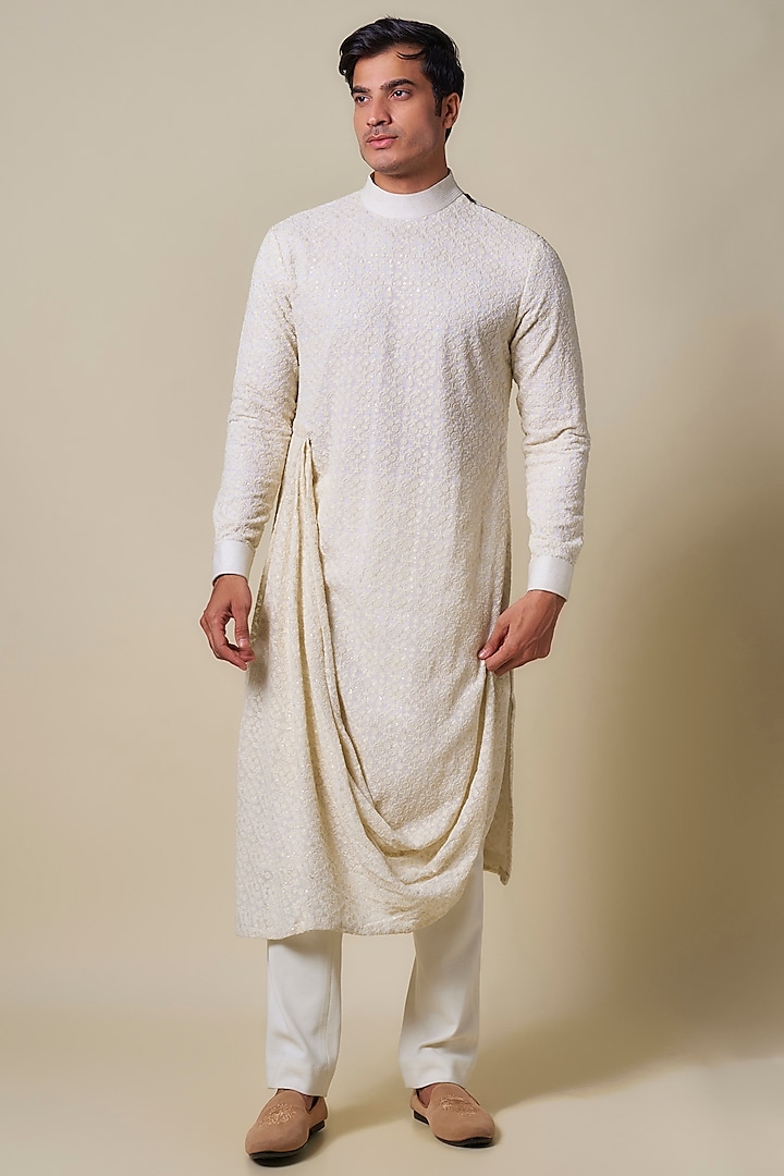 Ivory Georgette Chikankari Embroidered Draped Kurta by Shantnu & Nikhil Men