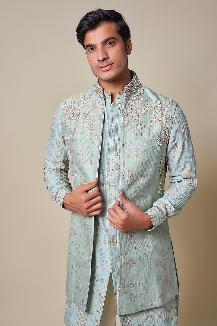 Sage Green Georgette Zardosi Embroidered Waistcoat by Shantnu & Nikhil Men at Pernia's Pop Up Shop