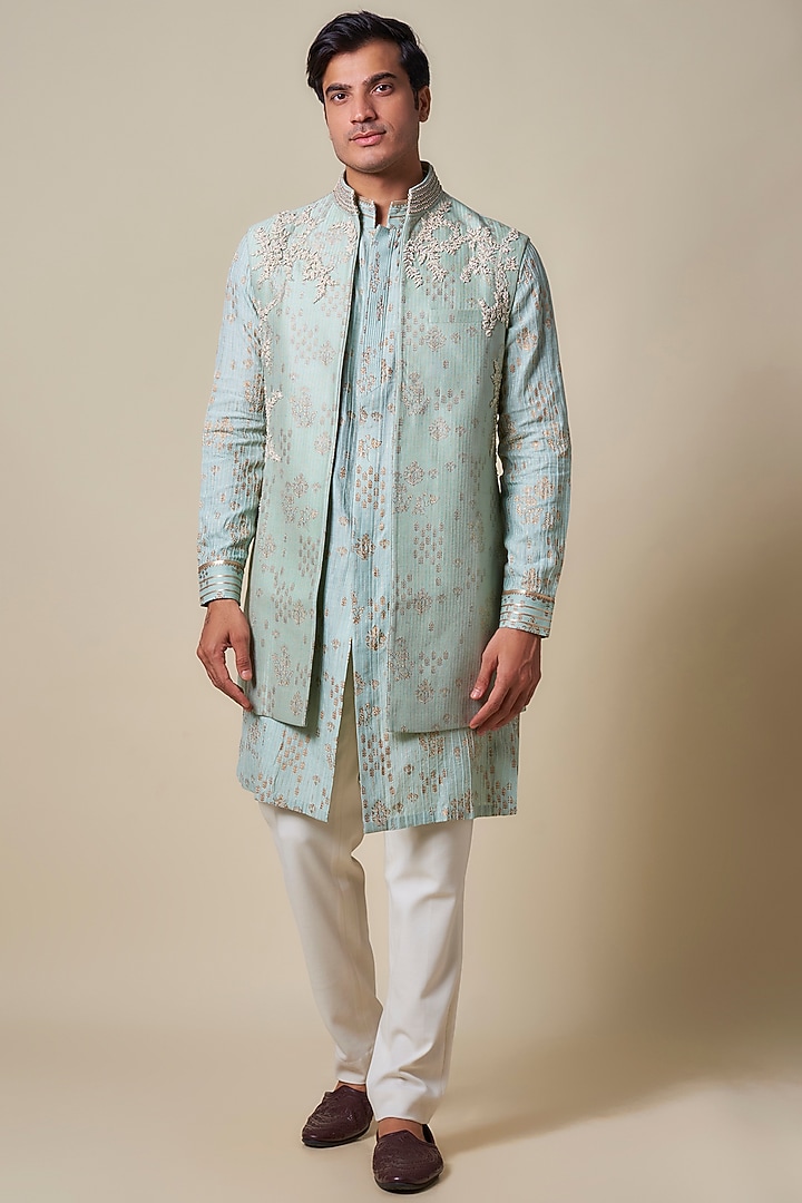 Sage Green Georgette Zardosi Embroidered Waistcoat by Shantnu & Nikhil Men at Pernia's Pop Up Shop