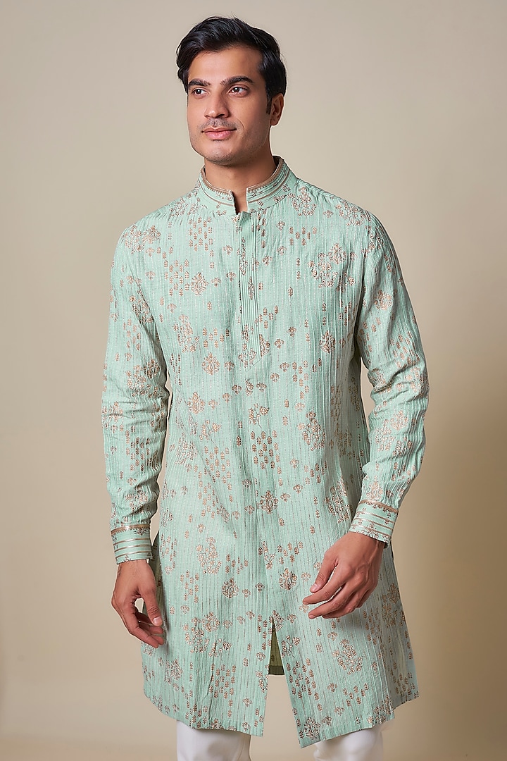 Sage Green Georgette Textured Shirt Kurta by Shantnu & Nikhil Men