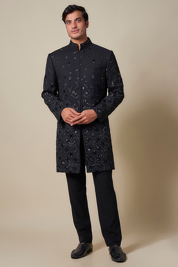 Black Crushed Georgette Zardosi Embroidered Sherwani by Shantnu & Nikhil Men