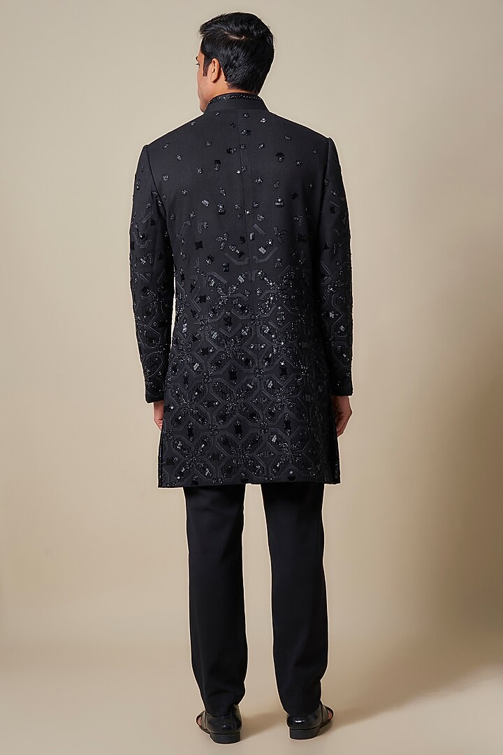 Black Crushed Georgette Zardosi Embroidered Groom Sherwani by Shantnu & Nikhil Men at Pernia's Pop Up Shop