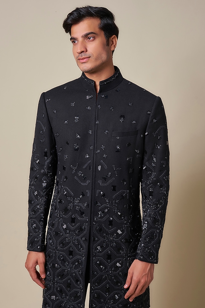 Black Crushed Georgette Zardosi Embroidered Groom Sherwani by Shantnu & Nikhil Men at Pernia's Pop Up Shop