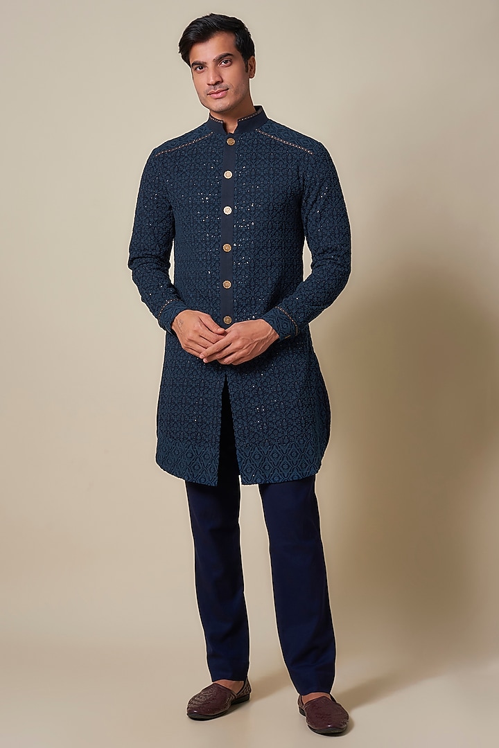 Blue Georgette Chikankari Embroidered Kurta by Shantnu & Nikhil Men