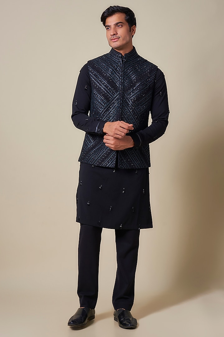 Black Crushed Georgette Applique Embroidered Bundi Jacket by Shantnu & Nikhil Men