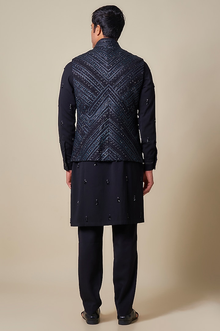 Black Crushed Georgette Applique Embroidered Bundi Jacket by Shantnu & Nikhil Men at Pernia's Pop Up Shop