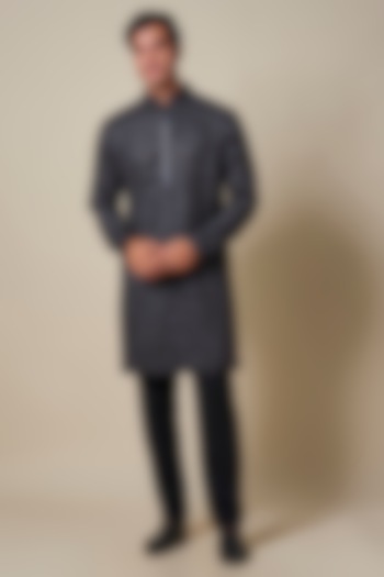 Charcoal Grey Viscose Applique Embroidered Kurta by Shantnu & Nikhil Men