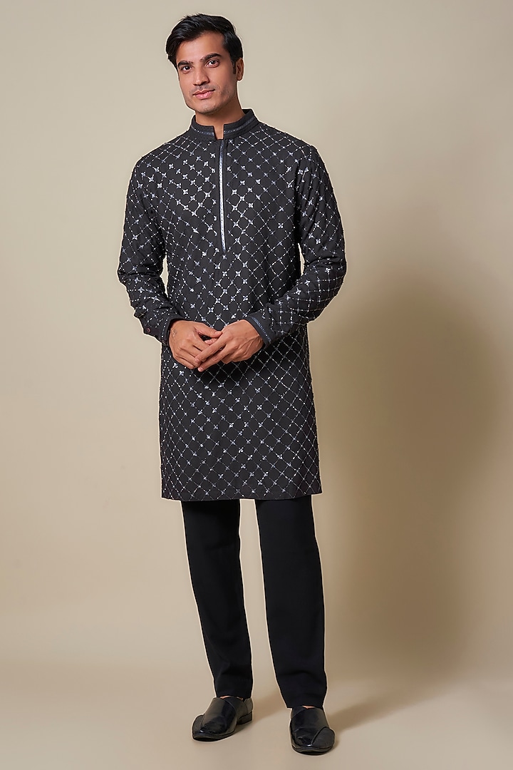 Charcoal Grey Viscose Applique Embroidered Kurta by Shantnu & Nikhil Men