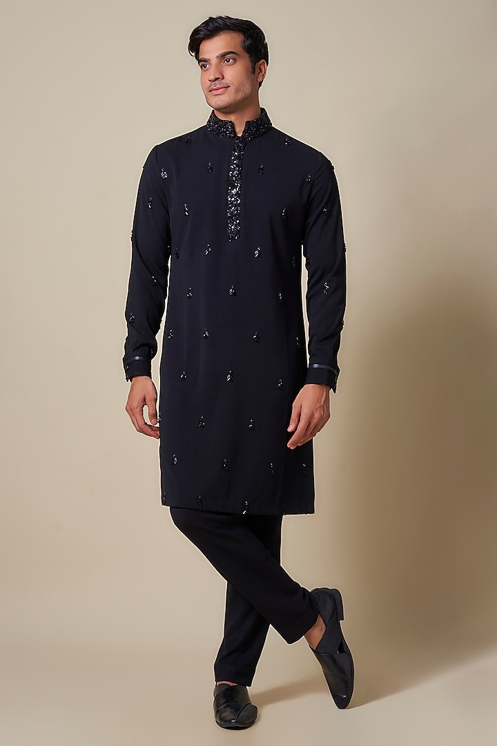 Obsidian Black Crepe Zardosi Embroidered Kurta by Shantnu & Nikhil Men