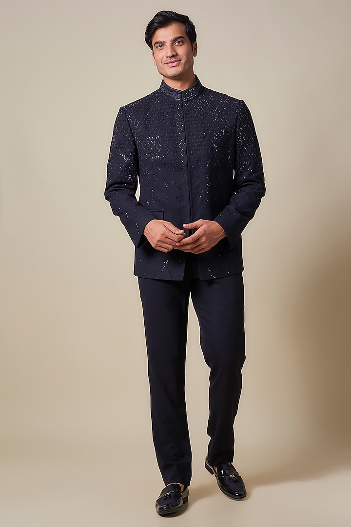 Obsidian Black Suiting Applique Embroidered Bandhgala by Shantnu & Nikhil Men