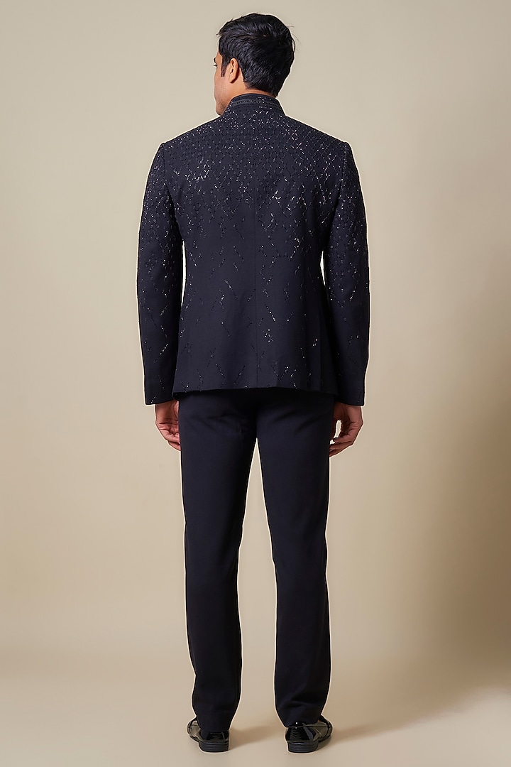 Obsidian Black Suiting Applique Embroidered Groom Bandhgala by Shantnu & Nikhil Men at Pernia's Pop Up Shop