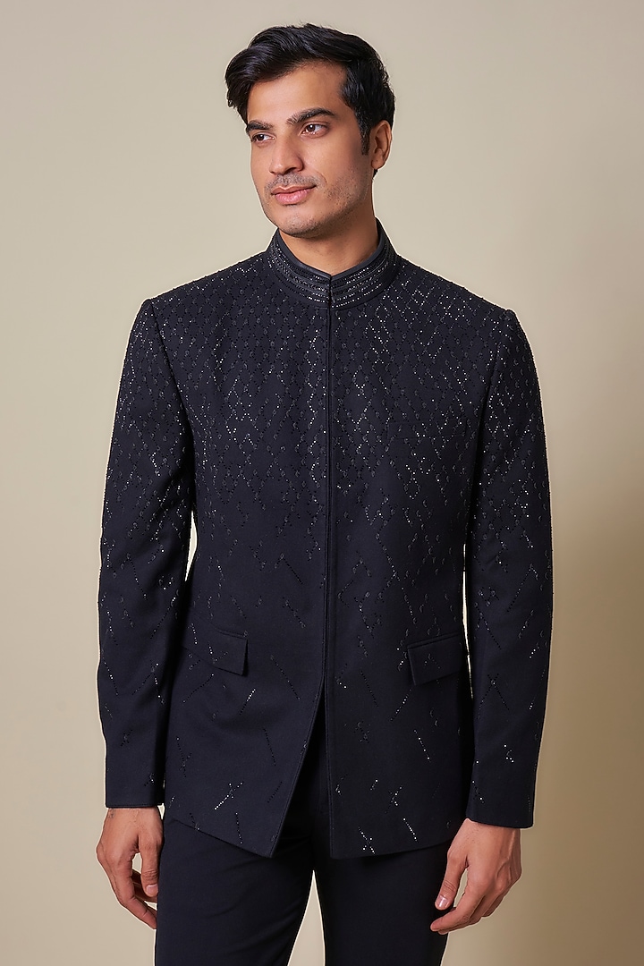 Obsidian Black Suiting Applique Embroidered Groom Bandhgala by Shantnu & Nikhil Men at Pernia's Pop Up Shop