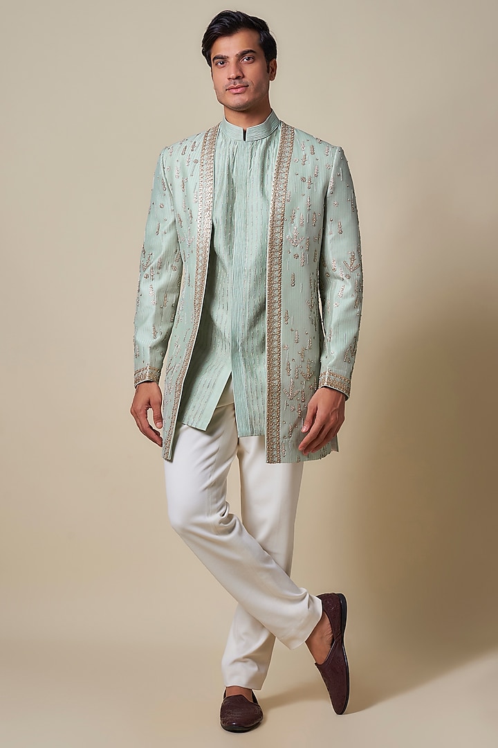 Sage Green Chanderi Zardosi Embroidered Bandhgala by Shantnu & Nikhil Men