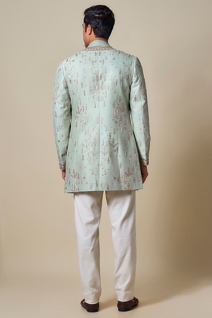 Sage Green Chanderi Zardosi Embroidered Groom Bandhgala by Shantnu & Nikhil Men at Pernia's Pop Up Shop