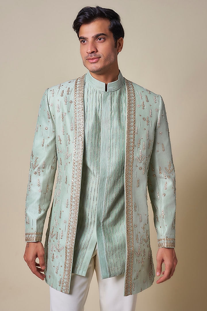Sage Green Chanderi Zardosi Embroidered Groom Bandhgala by Shantnu & Nikhil Men at Pernia's Pop Up Shop