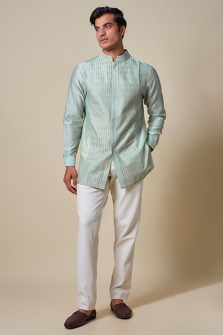 Sage Green Chanderi Machine Embroidered Kurta by Shantnu & Nikhil Men