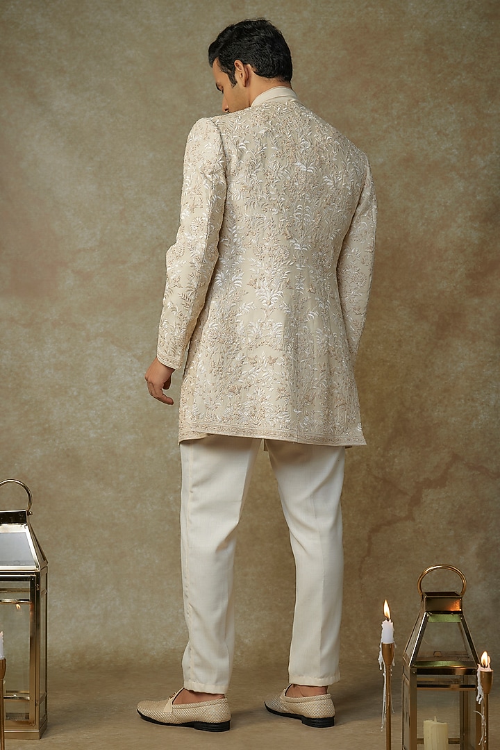 Ivory Chanderi Applique Embroidered Bandhgala Jacket by Shantnu & Nikhil Men at Pernia's Pop Up Shop