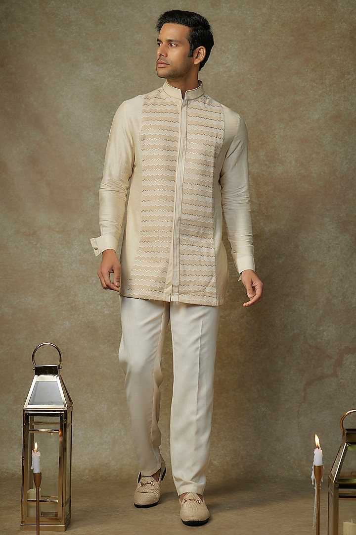 Beige Chanderi Machine Embroidered Kurta by Shantnu & Nikhil Men