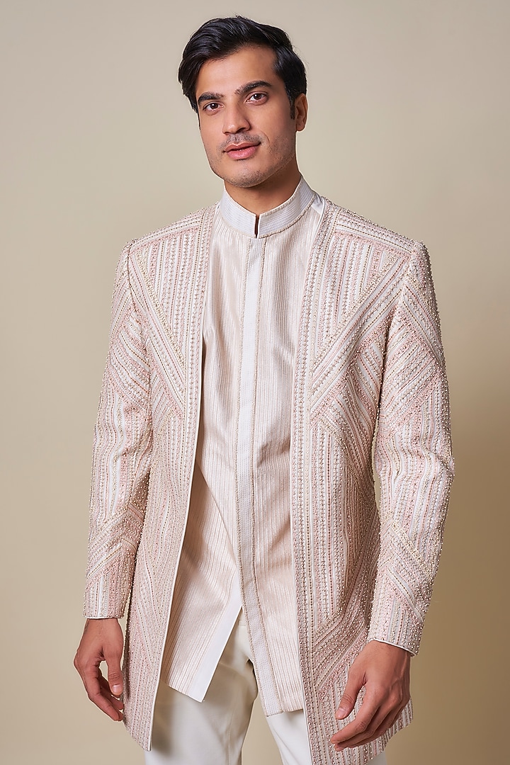 Ivory Chanderi Zardosi Embroidered Groom Bandhgala by Shantnu & Nikhil Men at Pernia's Pop Up Shop