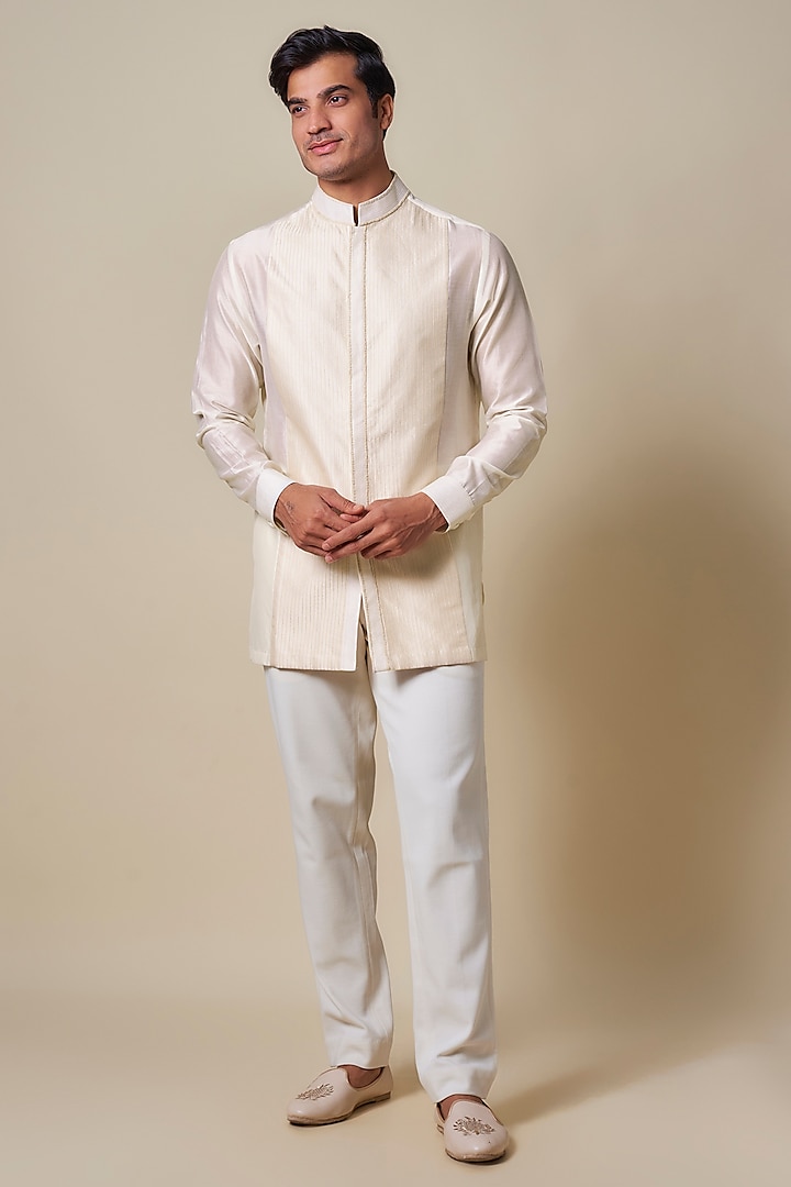 Ivory Chanderi Machine Embroidered Shirt Kurta by Shantnu & Nikhil Men