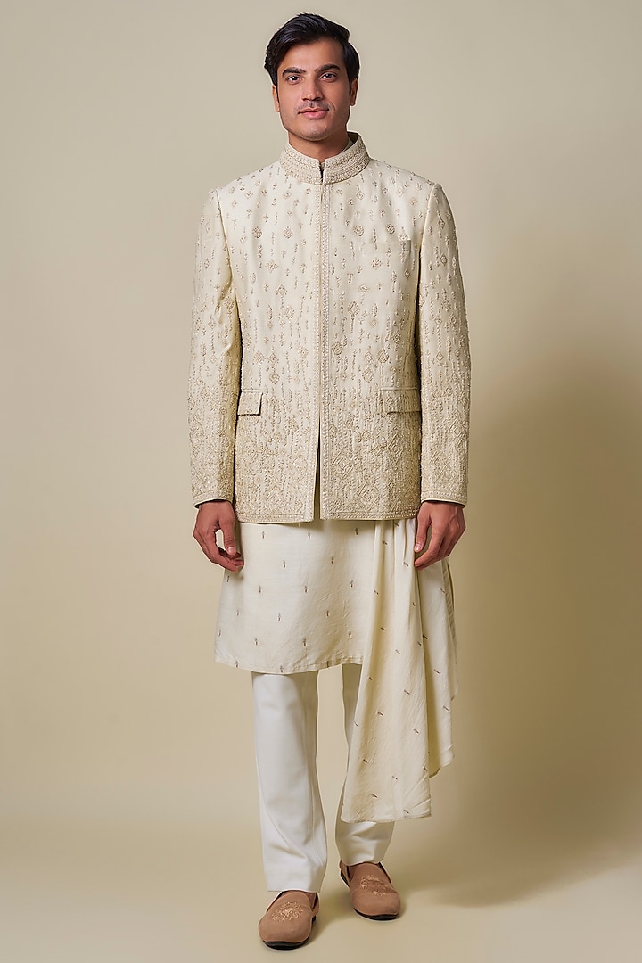 Ivory Georgette Zardosi Embroidered Bandhgala by Shantnu & Nikhil Men