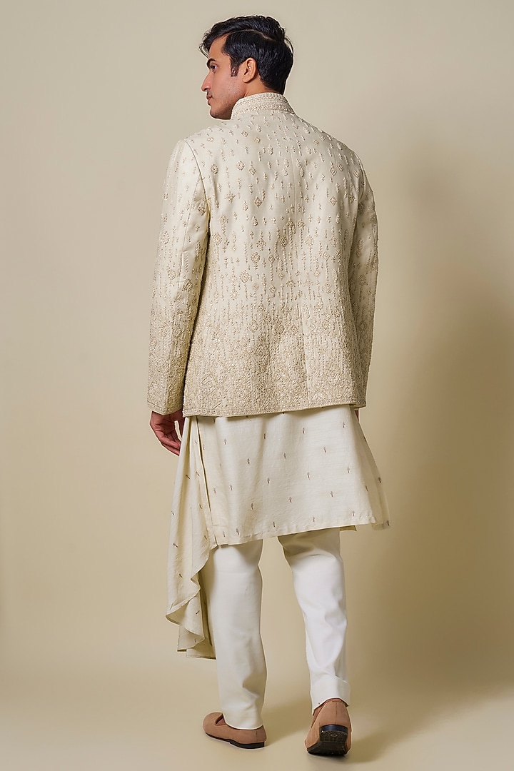 Ivory Georgette Zardosi Embroidered Groom Bandhgala by Shantnu & Nikhil Men at Pernia's Pop Up Shop