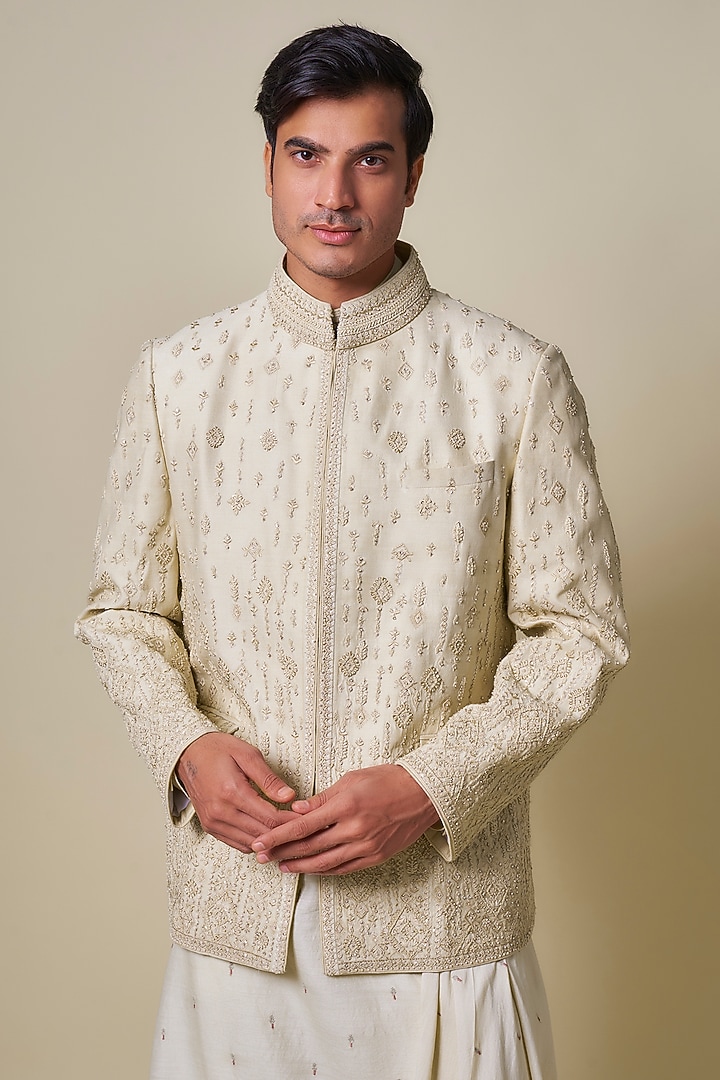 Ivory Georgette Zardosi Embroidered Groom Bandhgala by Shantnu & Nikhil Men at Pernia's Pop Up Shop