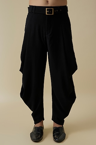 Black Polyester Cowl Draped Pants by Shantnu & Nikhil Men