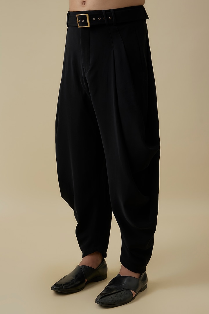 Black Polyester Cowl Draped Pants by Shantnu & Nikhil Men at Pernia's Pop Up Shop