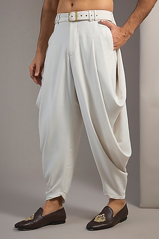 Ivory Polyester Cowl Draped Pants With Belt by Shantnu & Nikhil Men