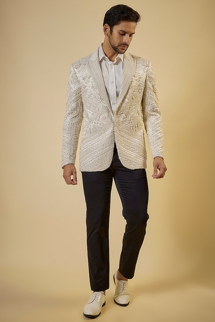 Pearl Ivory Silk Bead Work Tuxedo Set by Shantnu & Nikhil Men