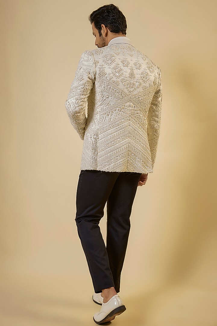 Pearl Ivory Silk Bead Work Tuxedo Set by Shantnu & Nikhil Men at Pernia's Pop Up Shop