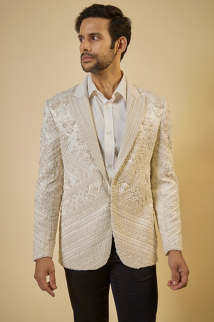 Pearl Ivory Silk Bead Work Tuxedo Set by Shantnu & Nikhil Men at Pernia's Pop Up Shop