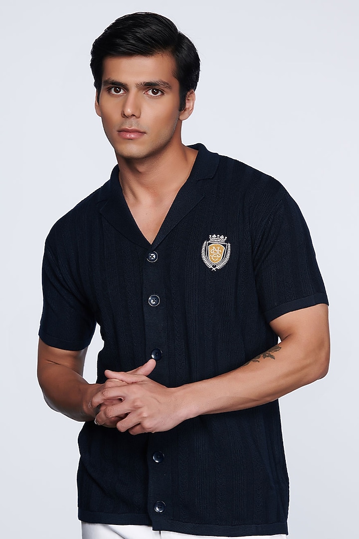 Navy Blue Knitted Party Wear Shirt by S&N by Shantnu Nikhil Men at Pernia's Pop Up Shop