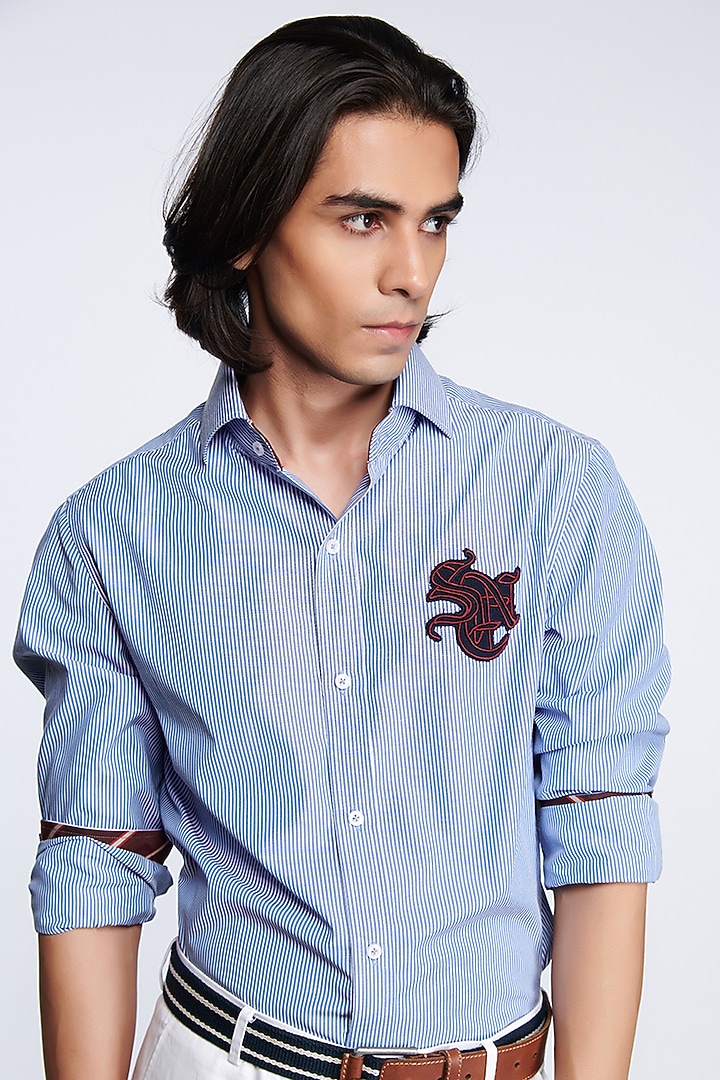 Light Blue Cotton Striped Party Wear Shirt by S&N by Shantnu Nikhil Men at Pernia's Pop Up Shop