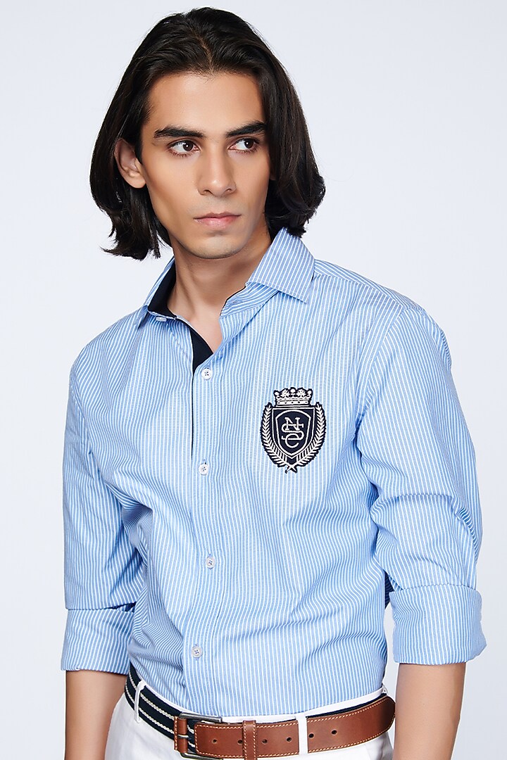 Light Blue Viscose Striped Party Wear Shirt by S&N by Shantnu Nikhil Men at Pernia's Pop Up Shop