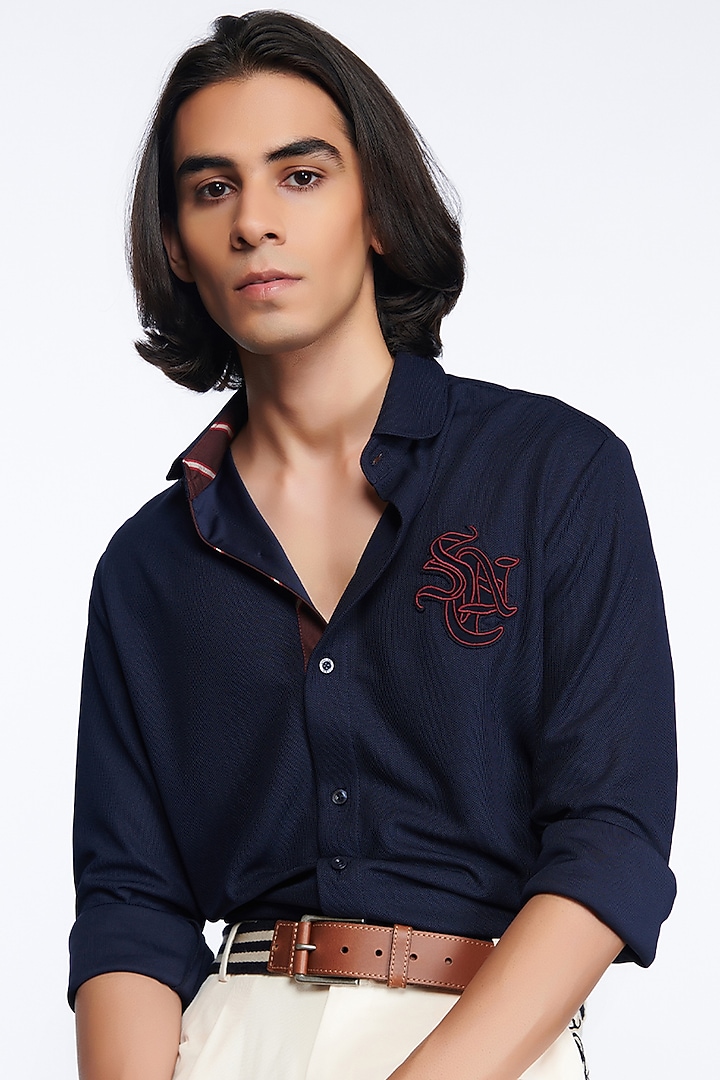 Navy Blue Embroidered Party Wear Shirt by S&N by Shantnu Nikhil Men at Pernia's Pop Up Shop