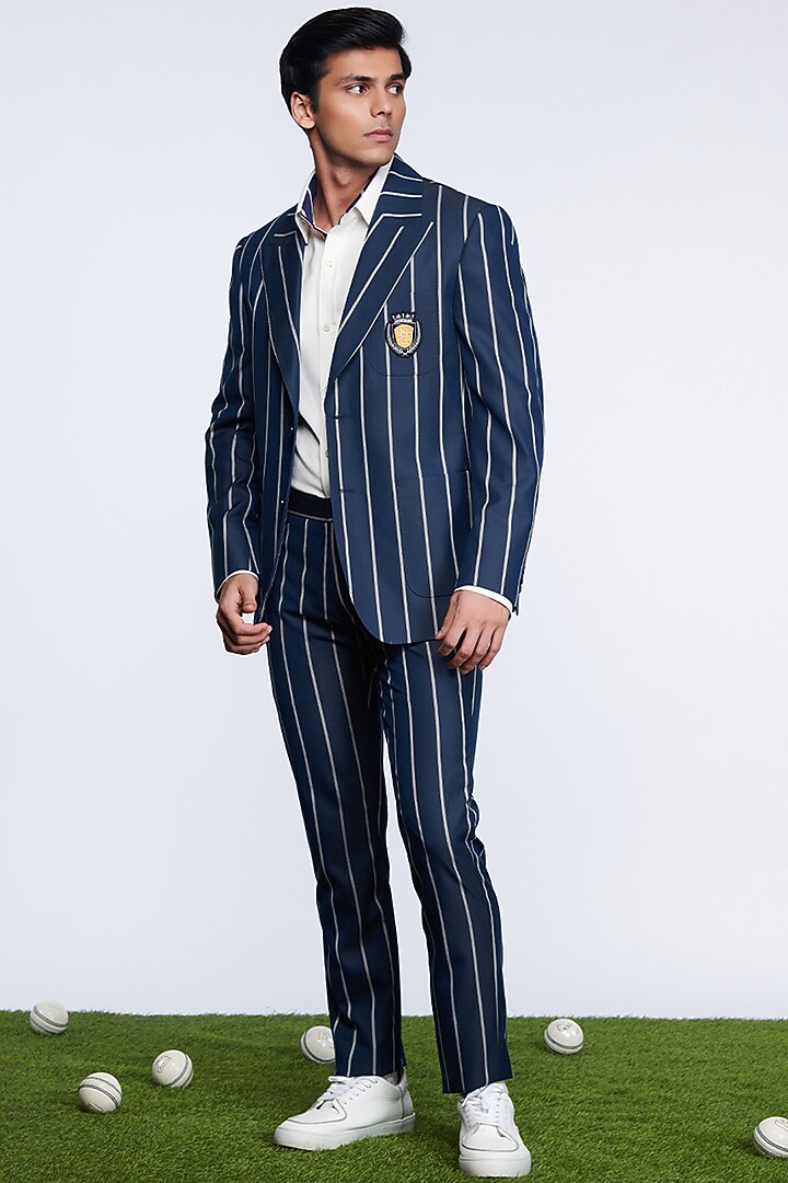Navy Blue Suiting Striped Jacket by S&N by Shantnu Nikhil Men at Pernia's Pop Up Shop