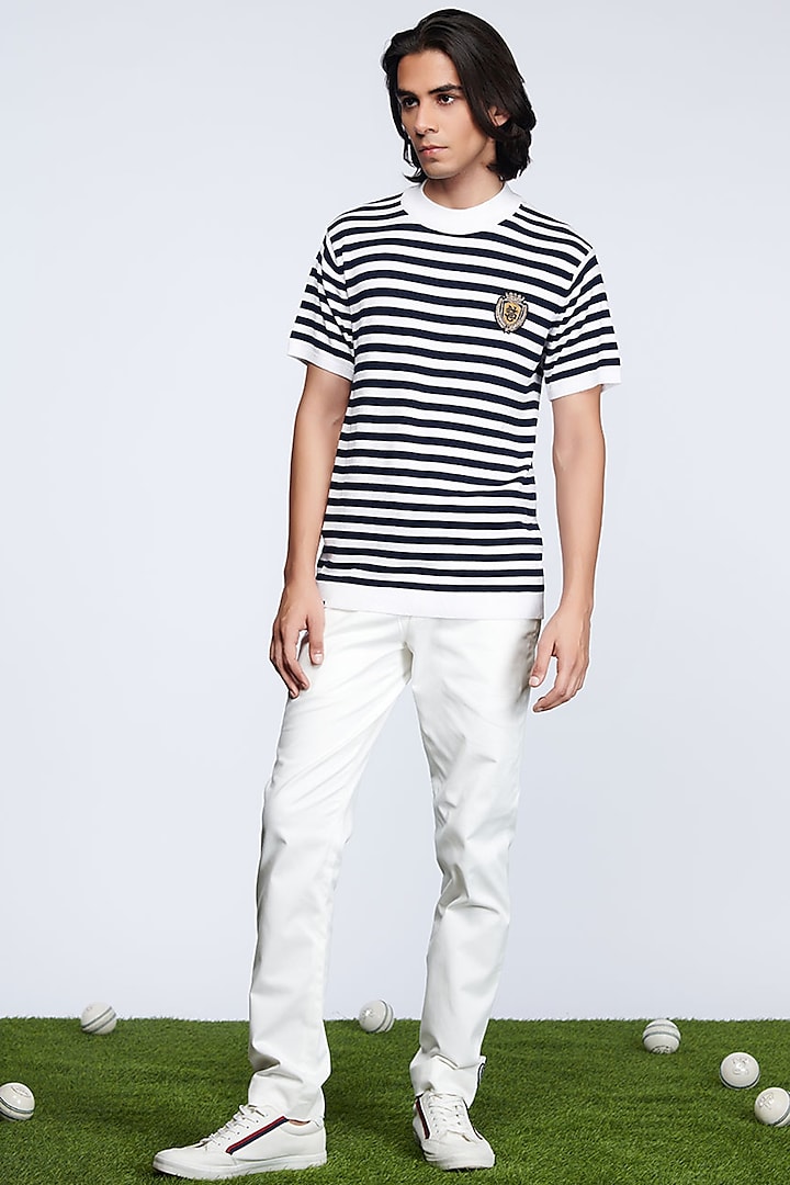 Off-White & Navy Blue Striped T-Shirt by S&N by Shantnu Nikhil Men