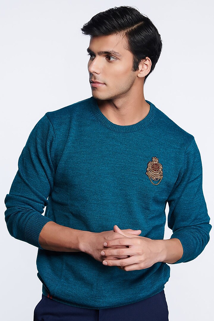 Teal Merino Wool Sweater by S&N by Shantnu Nikhil Men at Pernia's Pop Up Shop